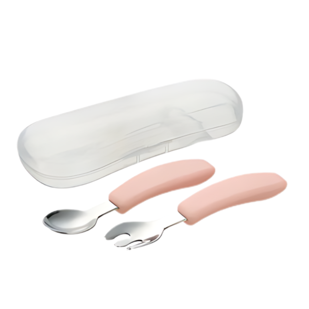 Richell TLI Stainless Steel Easy-Grip Spoon & Fork with Case