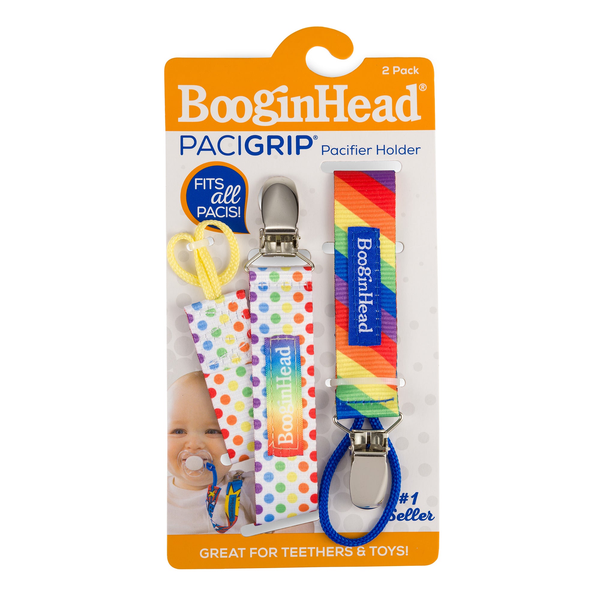 Booginhead PaciGrip 2 Pack - Rainbow and Dots