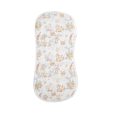 A muslin baby diaper cover with a whimsical woodland print featuring cute foxes, rabbits, mushrooms, and flowers in soft pastel colors on a white background.