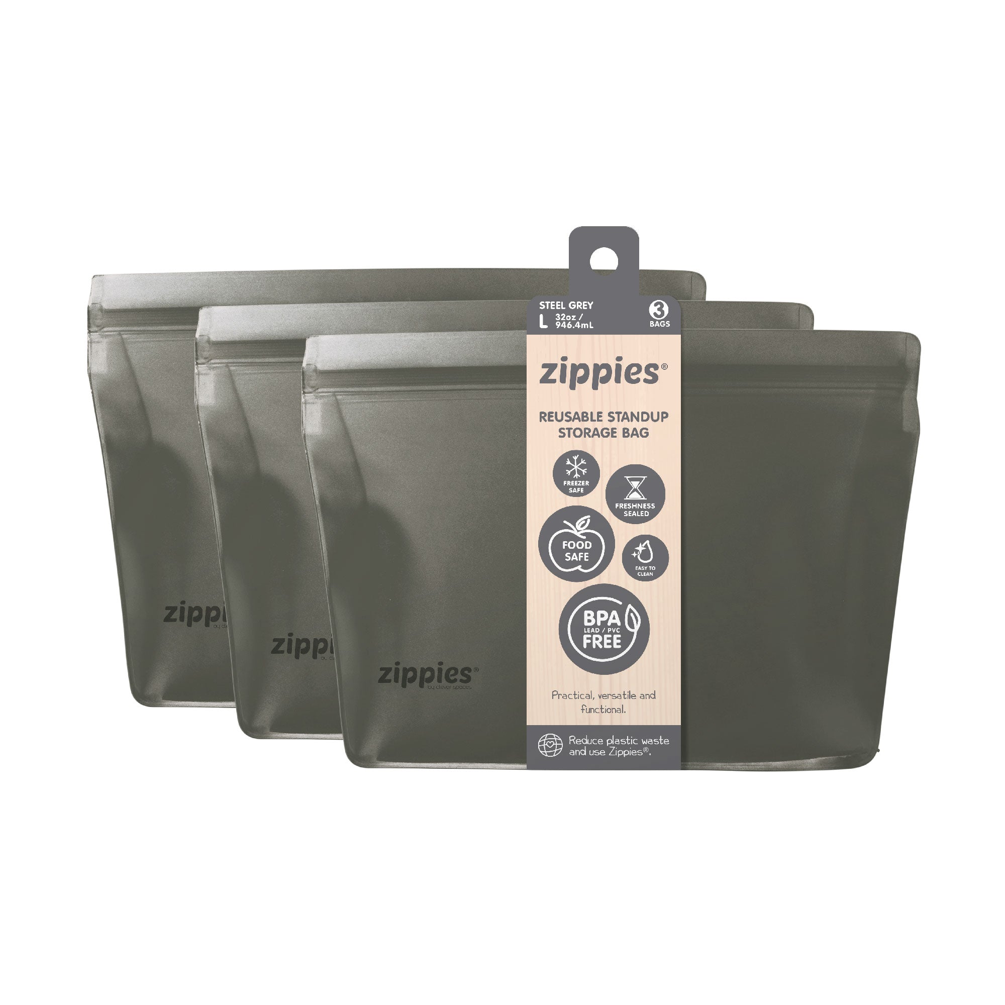 Zippies Steel Grey Reusable Standup Bags