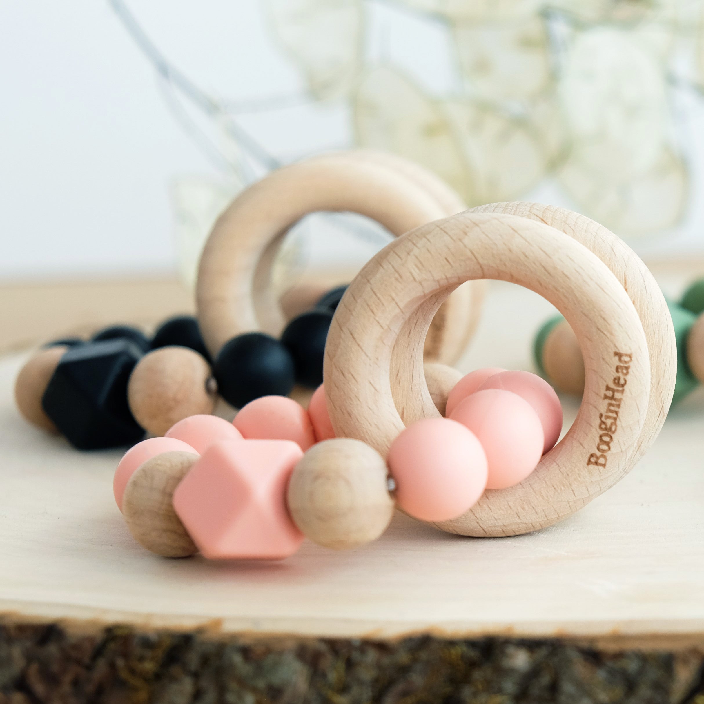 Booginhead Beaded Silicone & Wood Teether Rings